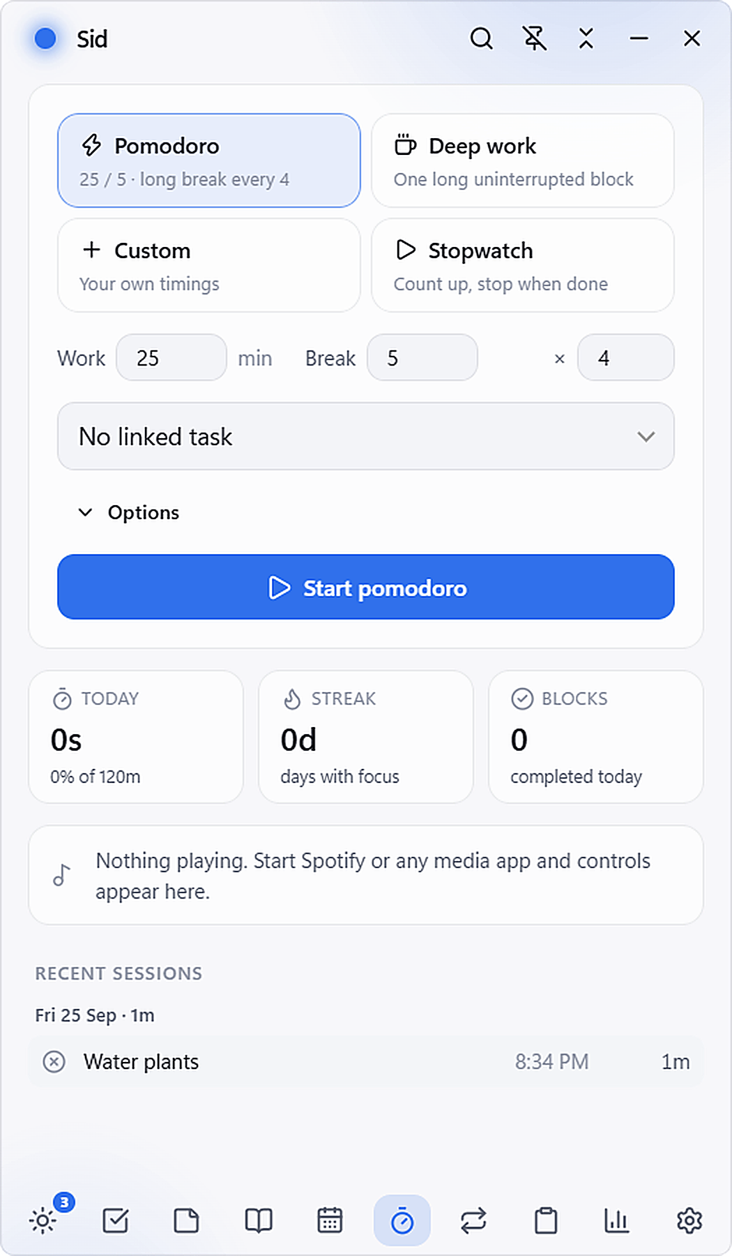 Focus session configuration view