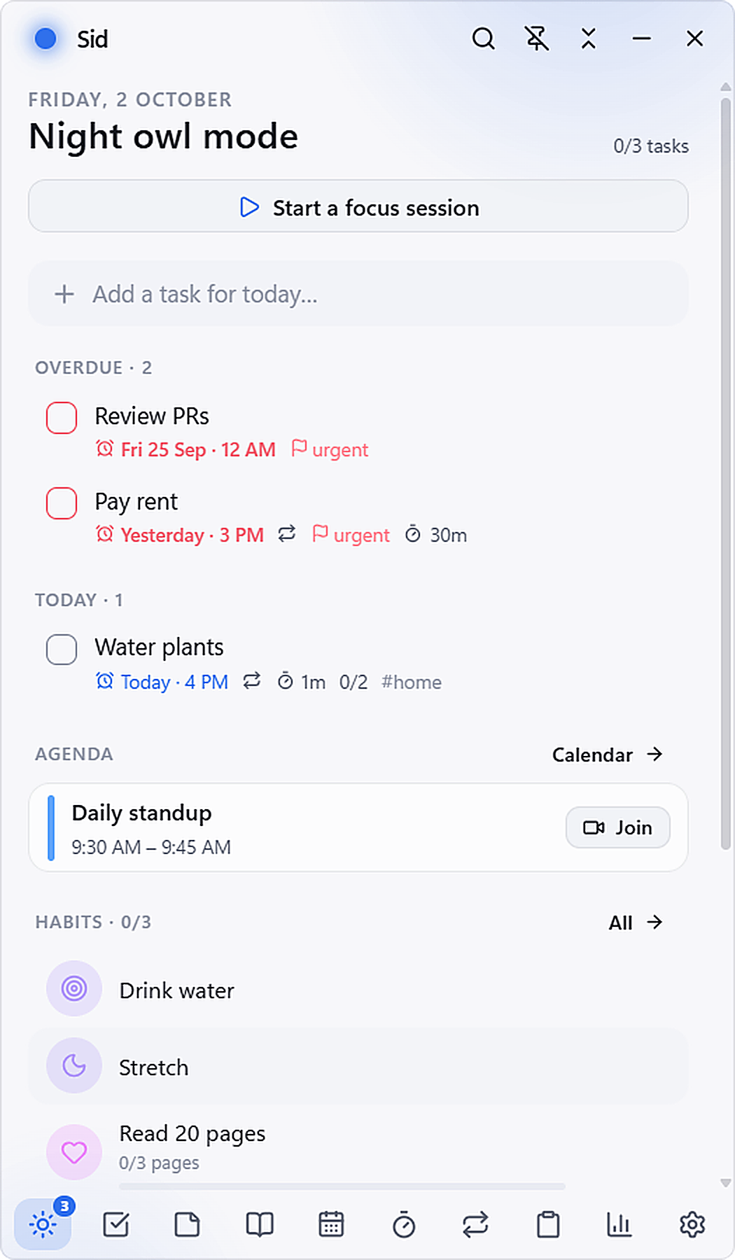 DayFlit desktop companion dashboard overview showing today tasks, agenda, and habit streak